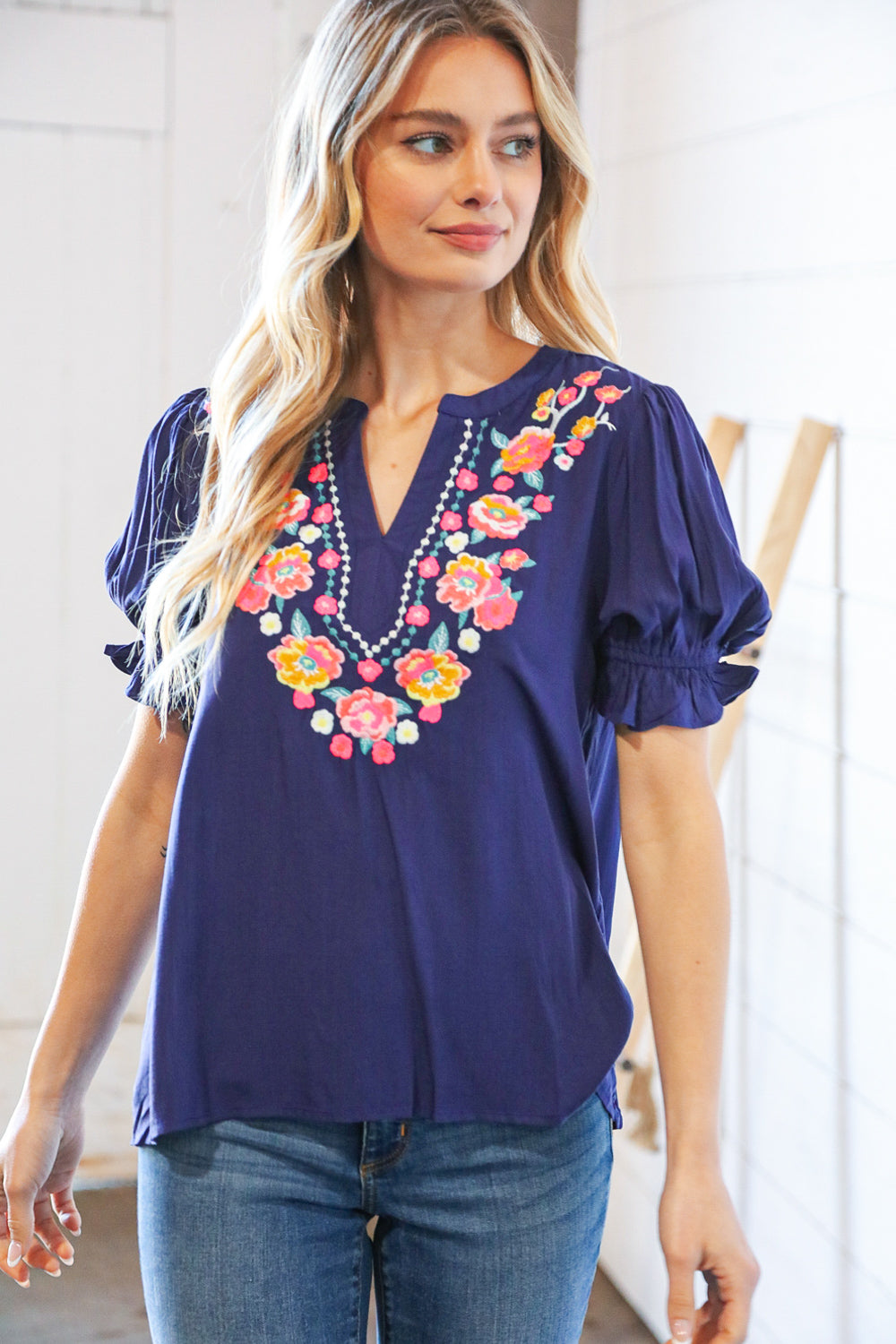 Navy Linen Embroidered Short Bubble Sleeve Top