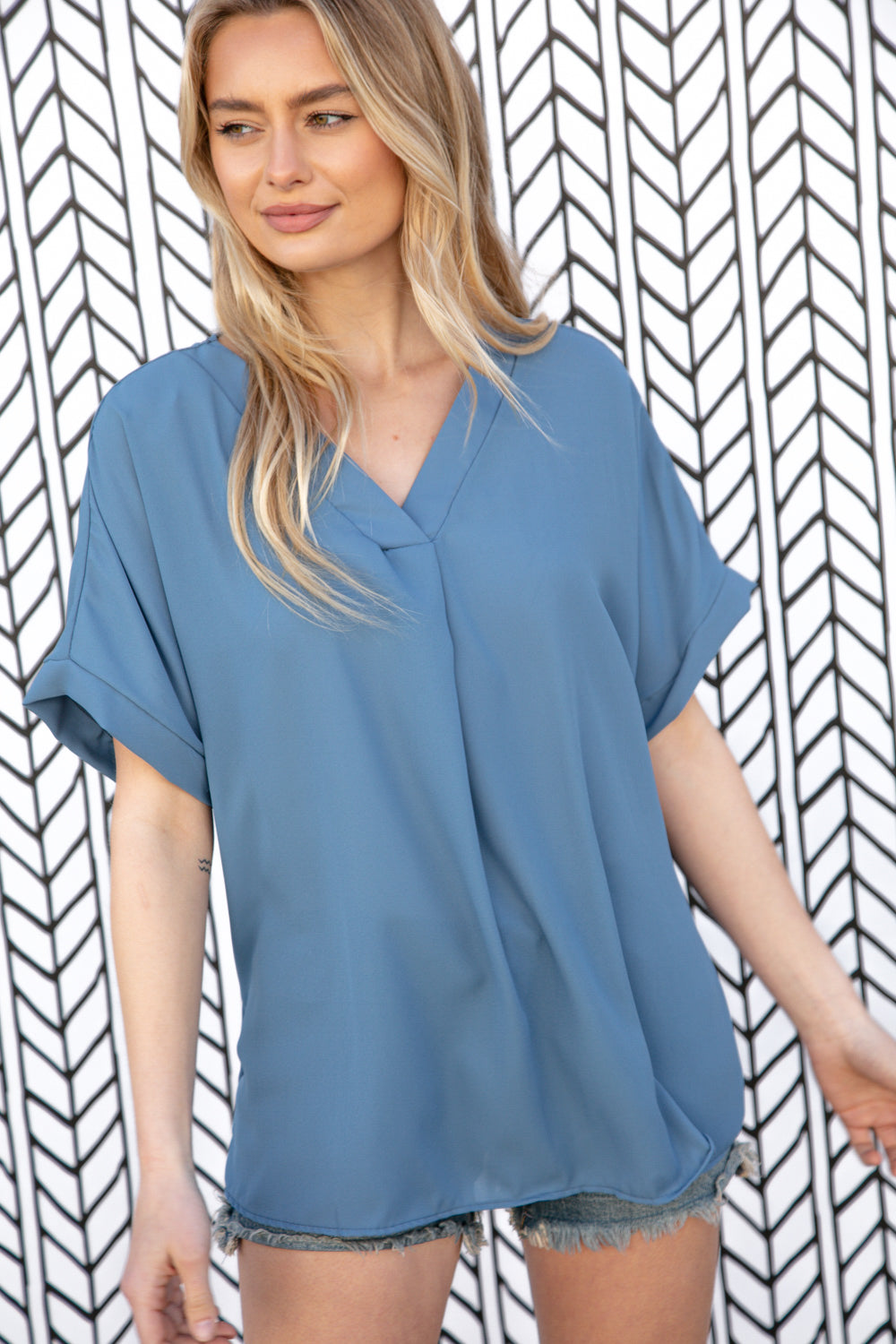 Dusty Blue V Neck Banded Dolman Woven Blouse