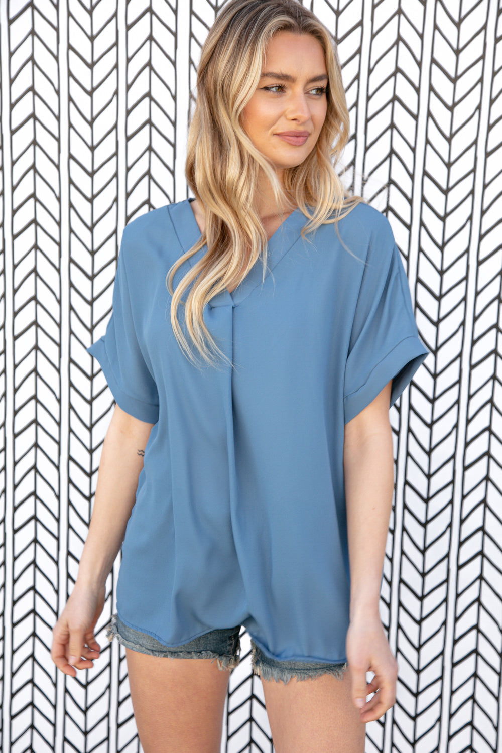 Dusty Blue V Neck Banded Dolman Woven Blouse