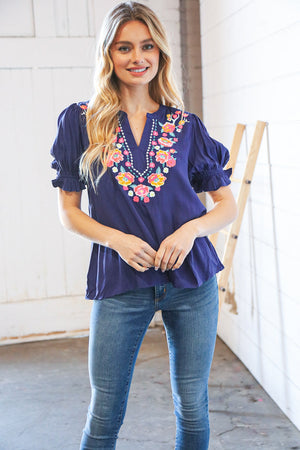 Navy Linen Embroidered Short Bubble Sleeve Top