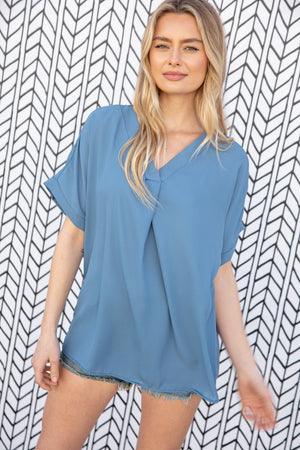 Dusty Blue V Neck Banded Dolman Woven Blouse