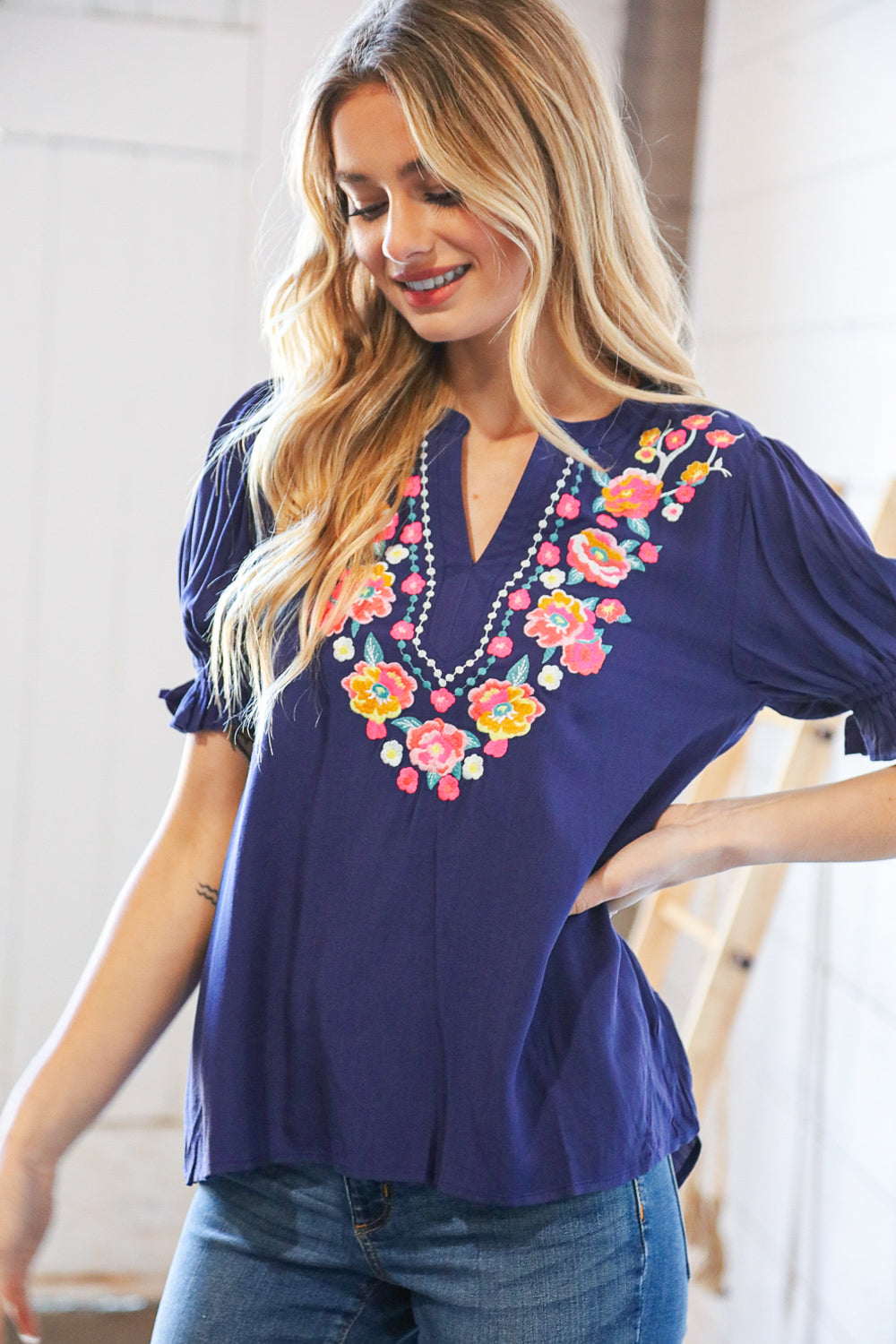 Navy Linen Embroidered Short Bubble Sleeve Top