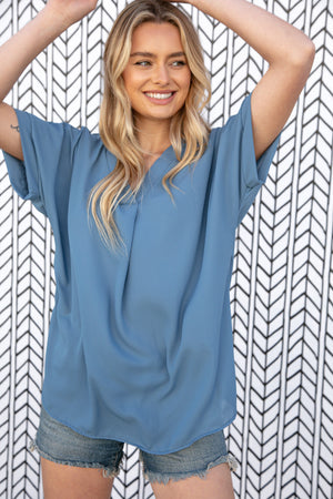 Dusty Blue V Neck Banded Dolman Woven Blouse