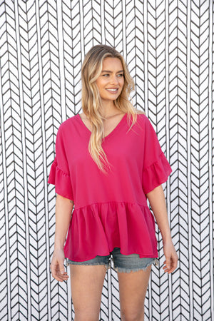 Fuchsia Crepe-Like Rayon Challis V Neck Blouse