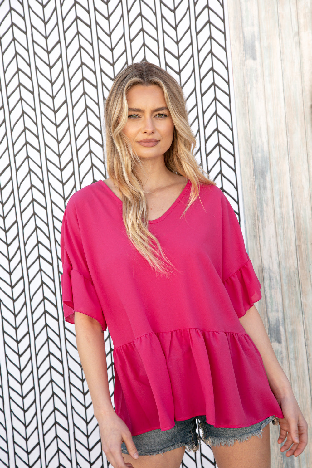 Fuchsia Crepe-Like Rayon Challis V Neck Blouse