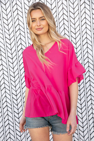 Fuchsia Crepe-Like Rayon Challis V Neck Blouse