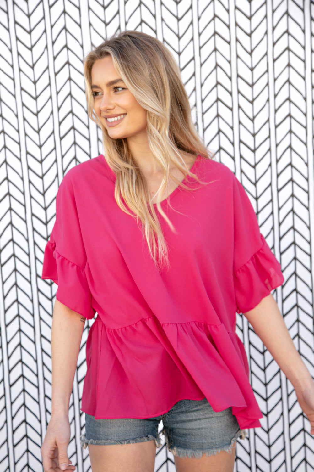 Fuchsia Crepe-Like Rayon Challis V Neck Blouse