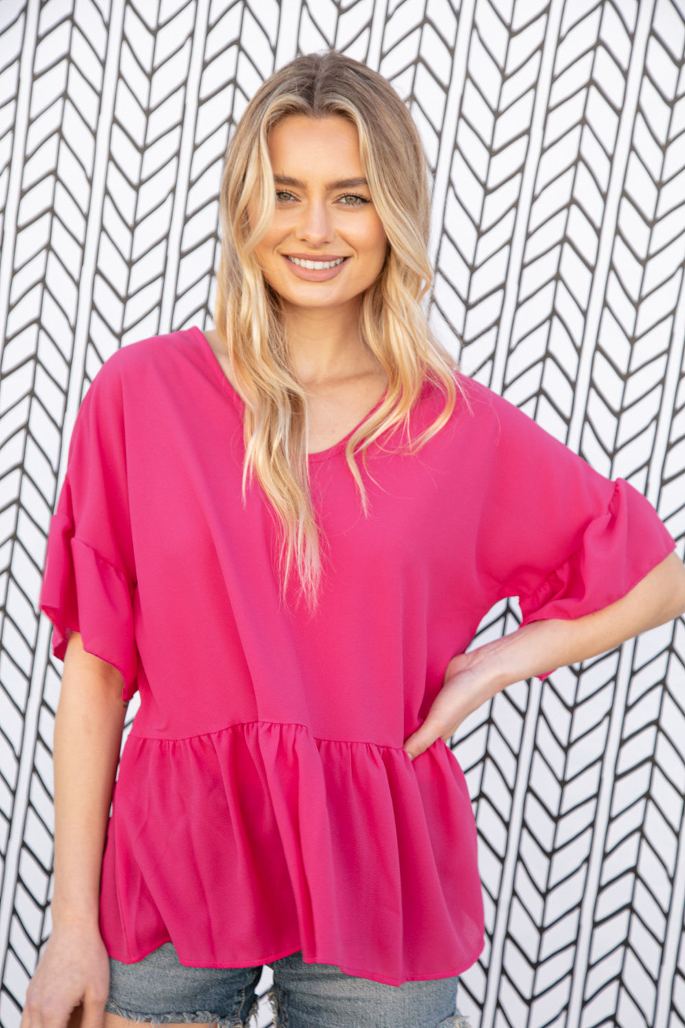 Fuchsia Crepe-Like Rayon Challis V Neck Blouse