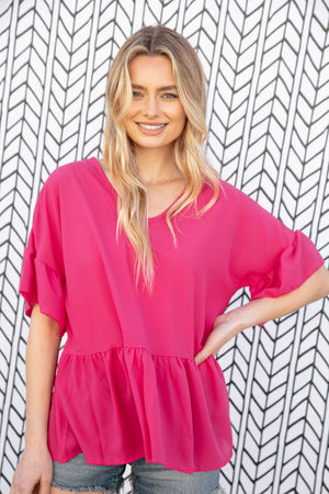 Fuchsia Crepe-Like Rayon Challis V Neck Blouse