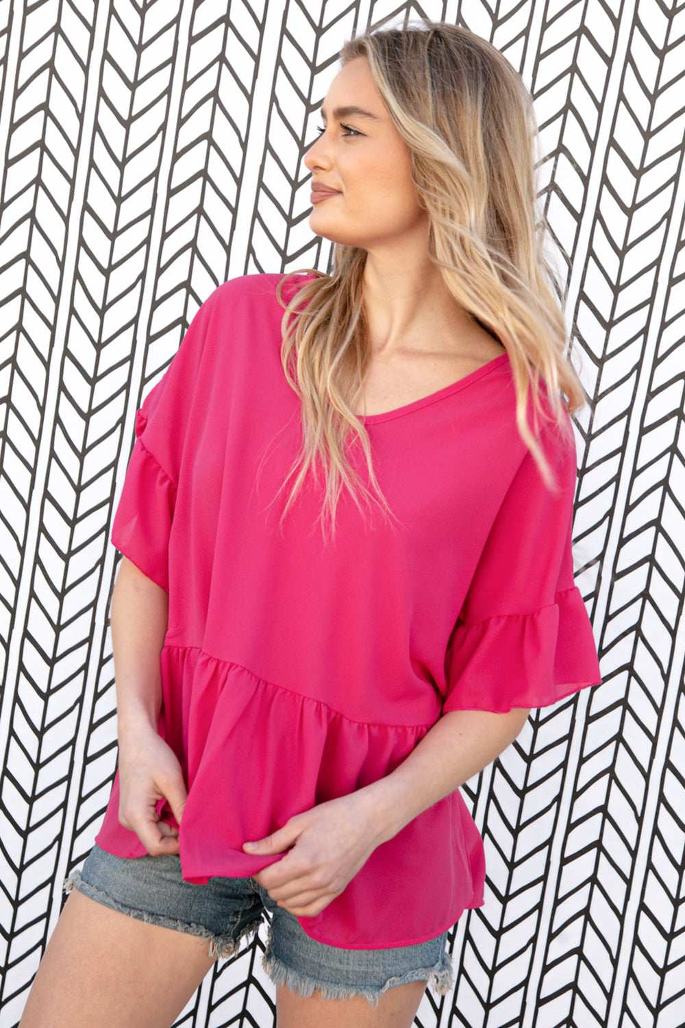 Fuchsia Crepe-Like Rayon Challis V Neck Blouse