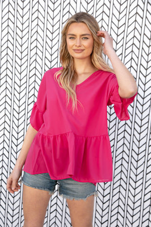 Fuchsia Crepe-Like Rayon Challis V Neck Blouse