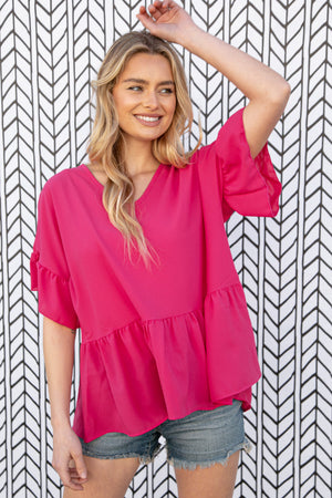 Fuchsia Crepe-Like Rayon Challis V Neck Blouse