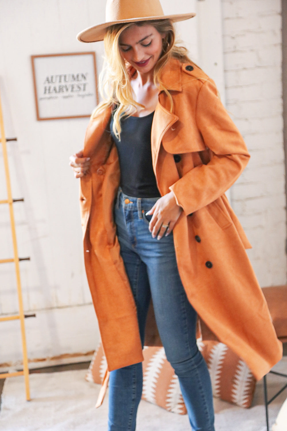 Rust Suede Double Breasted Belted Trench Coat