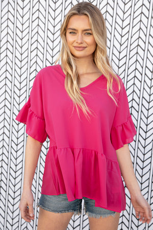 Fuchsia Crepe-Like Rayon Challis V Neck Blouse