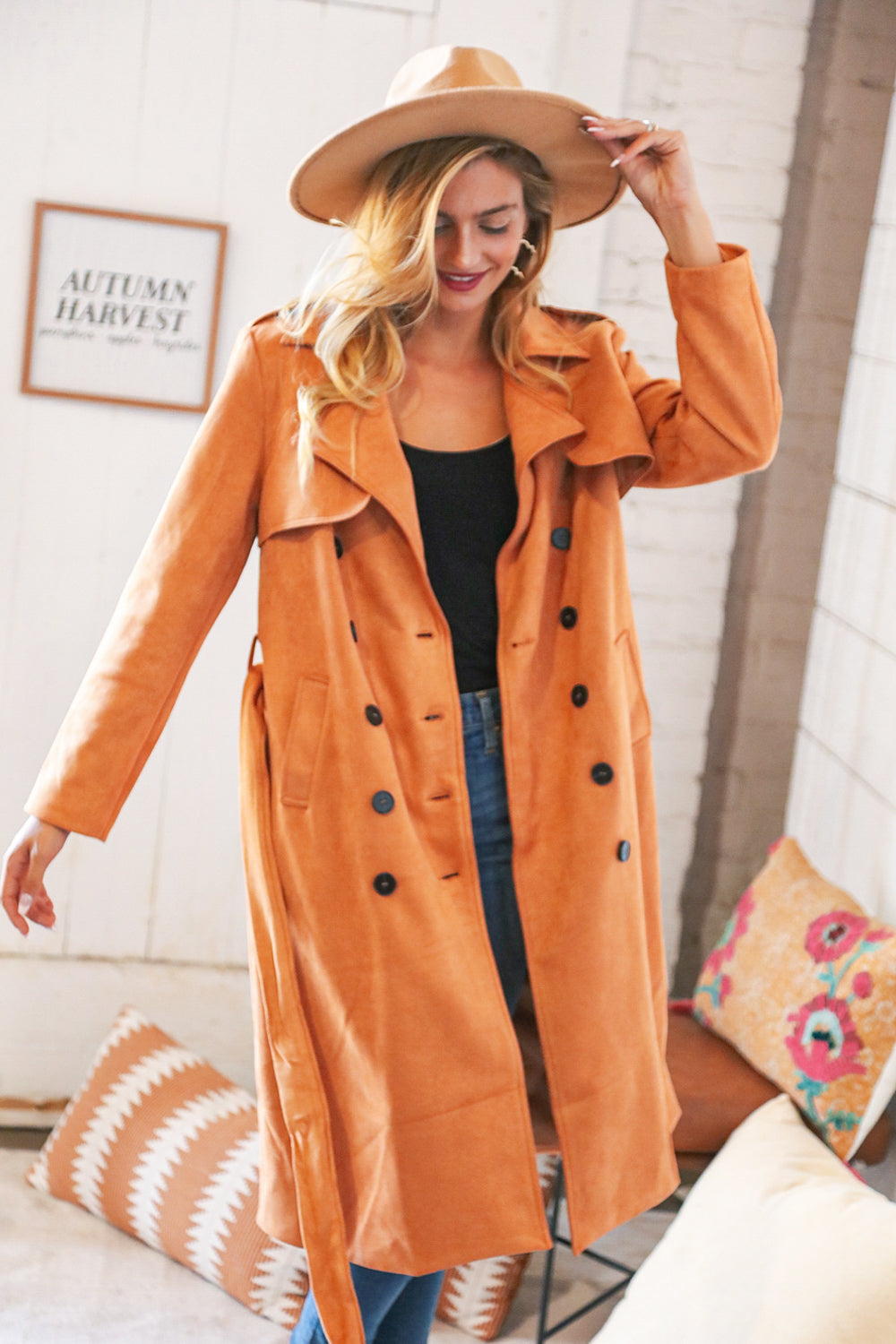 Rust Suede Double Breasted Belted Trench Coat