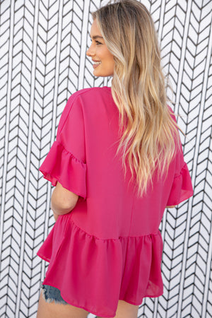 Fuchsia Crepe-Like Rayon Challis V Neck Blouse