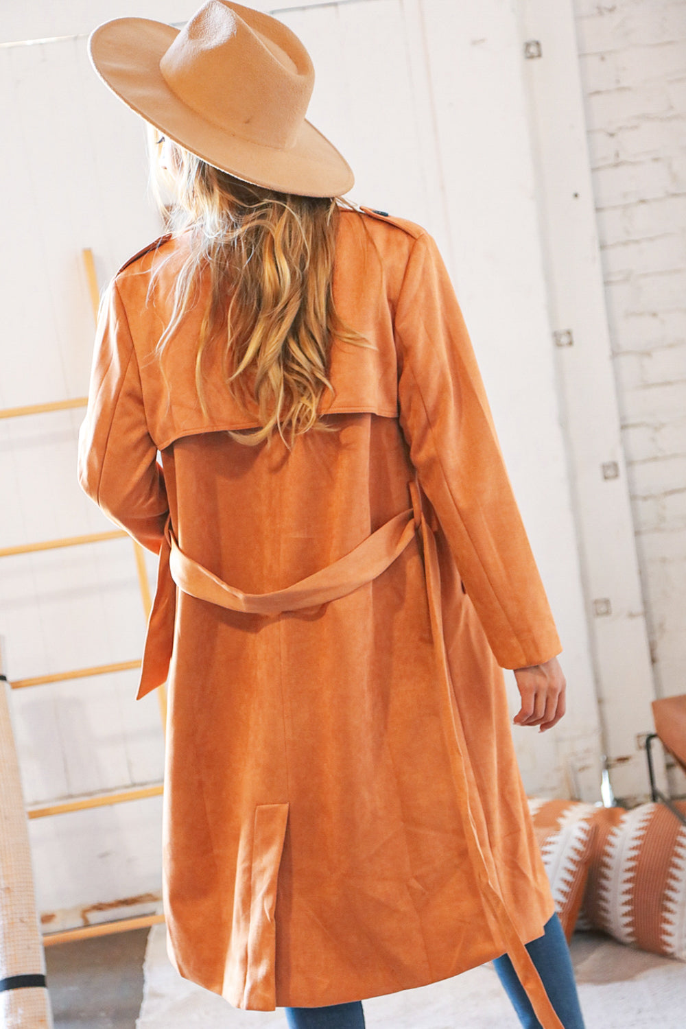 Rust Suede Double Breasted Belted Trench Coat