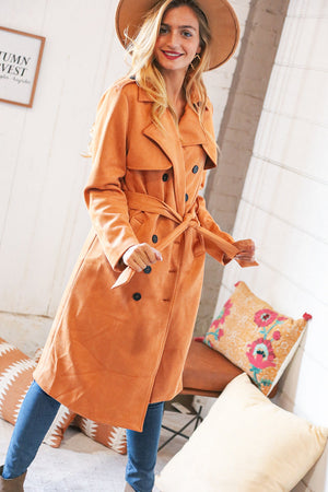 Rust Suede Double Breasted Belted Trench Coat