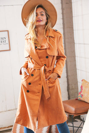 Rust Suede Double Breasted Belted Trench Coat