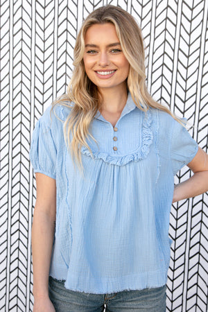 Baby Blue Cotton Linen Frayed Yoke Collared Top