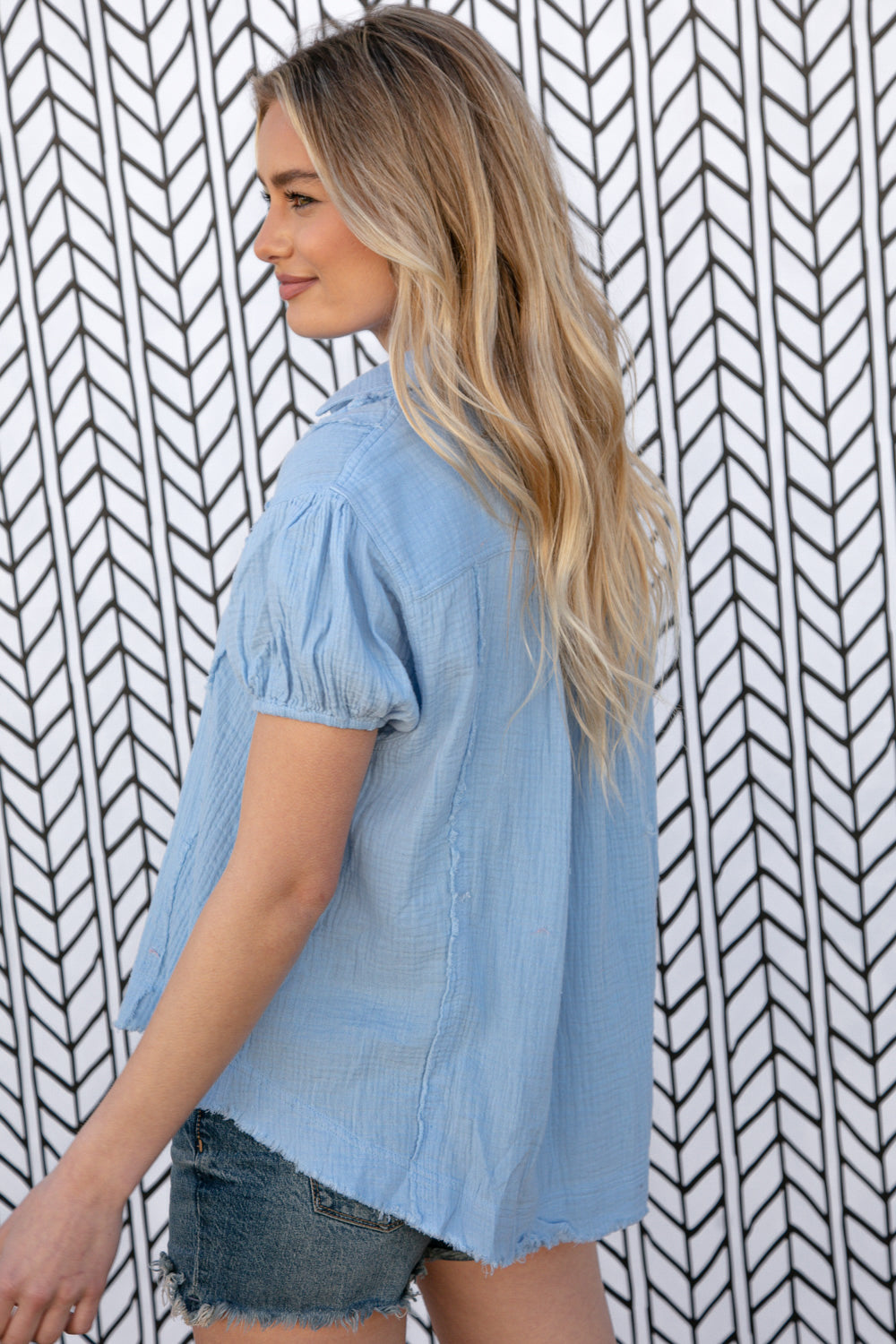 Baby Blue Cotton Linen Frayed Yoke Collared Top