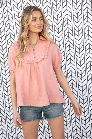 Blush Cotton Linen Frayed Yoke Collared Top