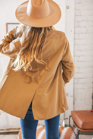 Camel Notched Lapel Collar Lined Blazer