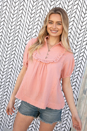 Blush Cotton Linen Frayed Yoke Collared Top