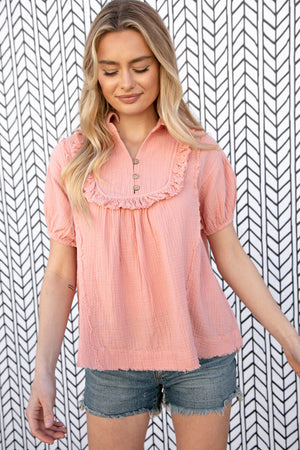 Blush Cotton Linen Frayed Yoke Collared Top