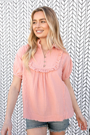 Blush Cotton Linen Frayed Yoke Collared Top