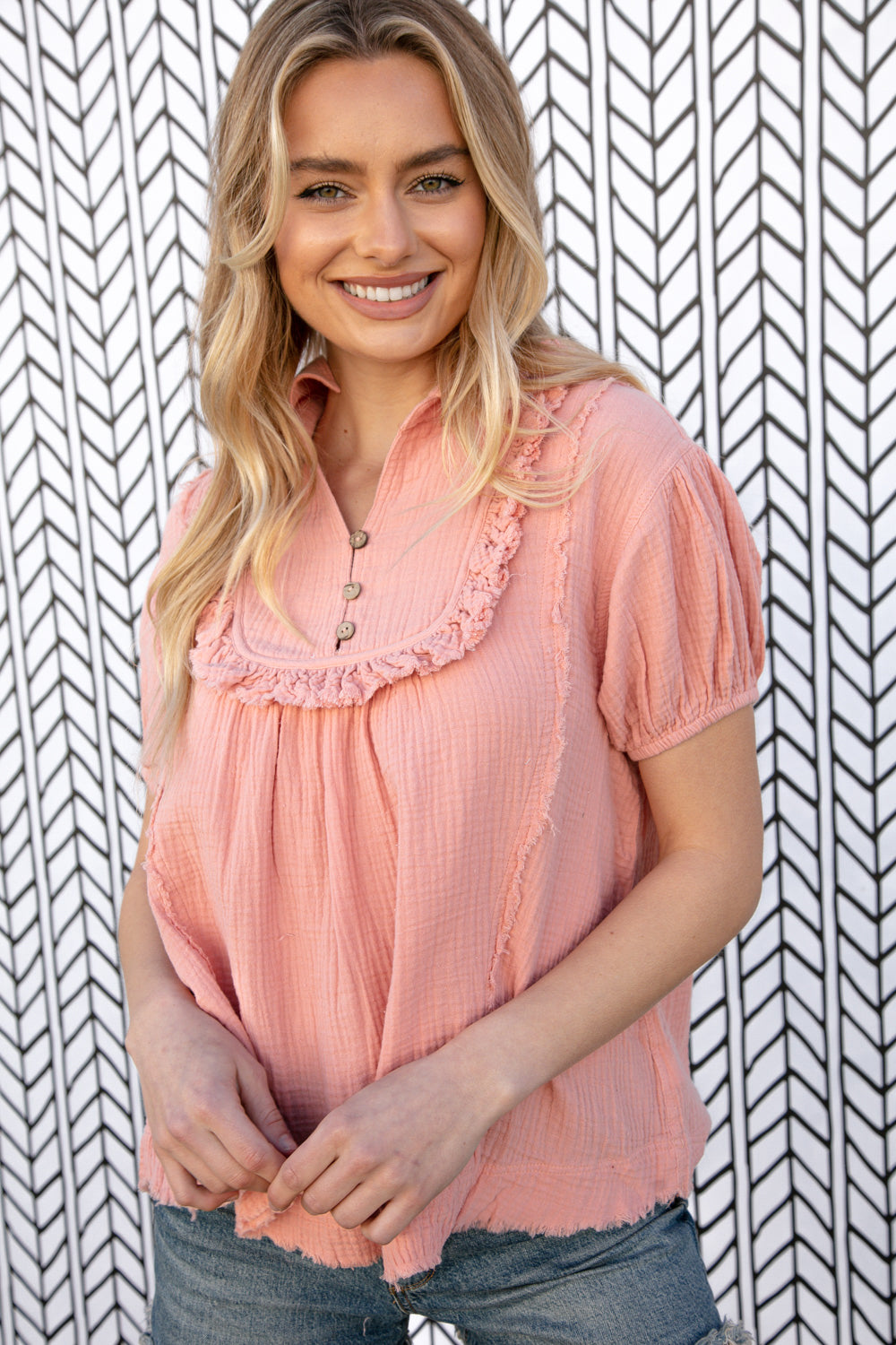 Blush Cotton Linen Frayed Yoke Collared Top