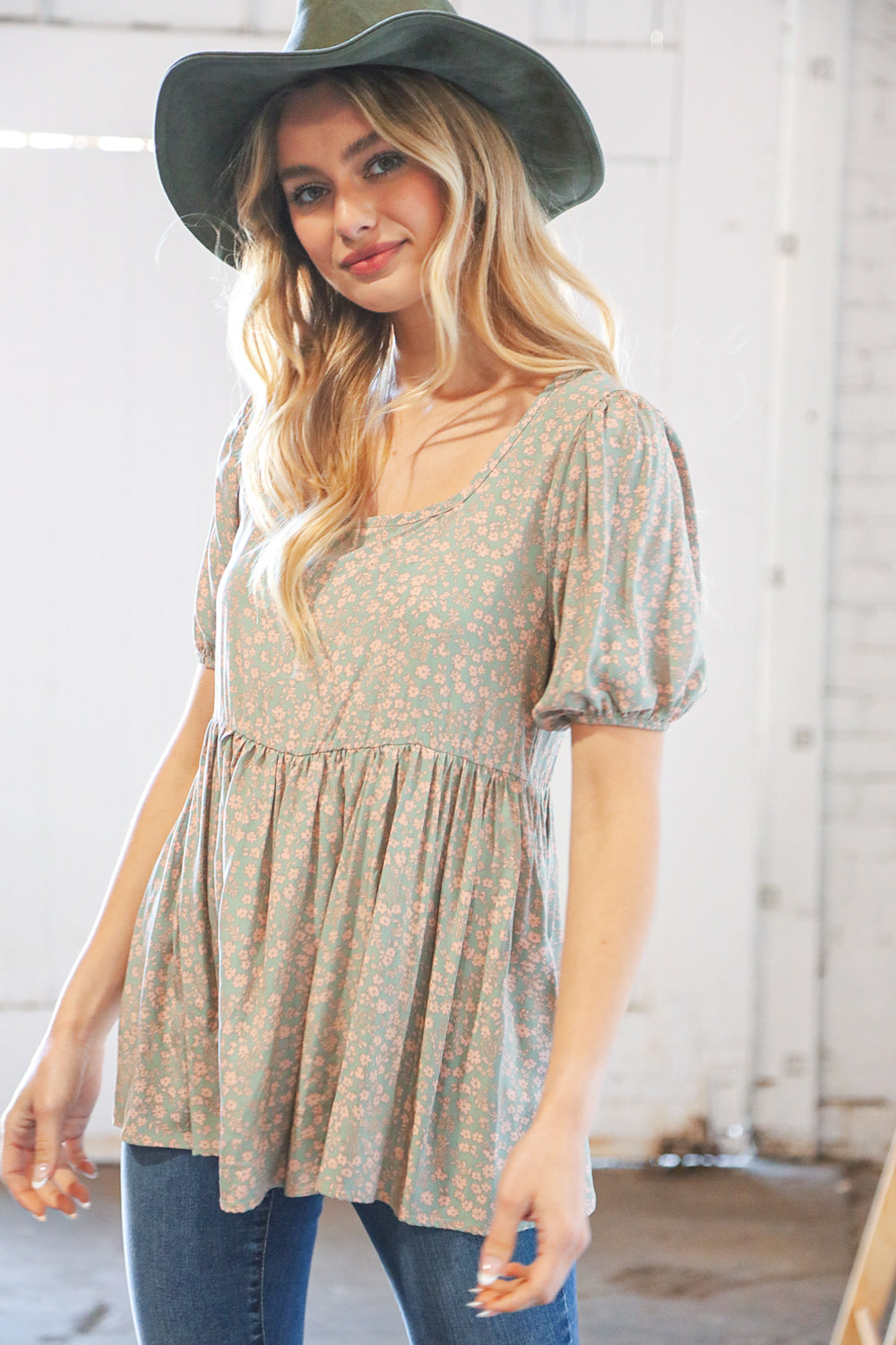 Sage Floral Babydoll Back Lace-Up Tie Blouse