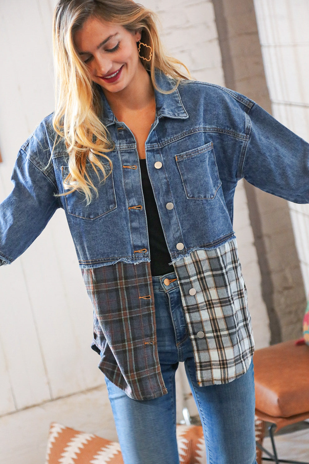 Washed Cotton Denim Plaid Color Block Jacket