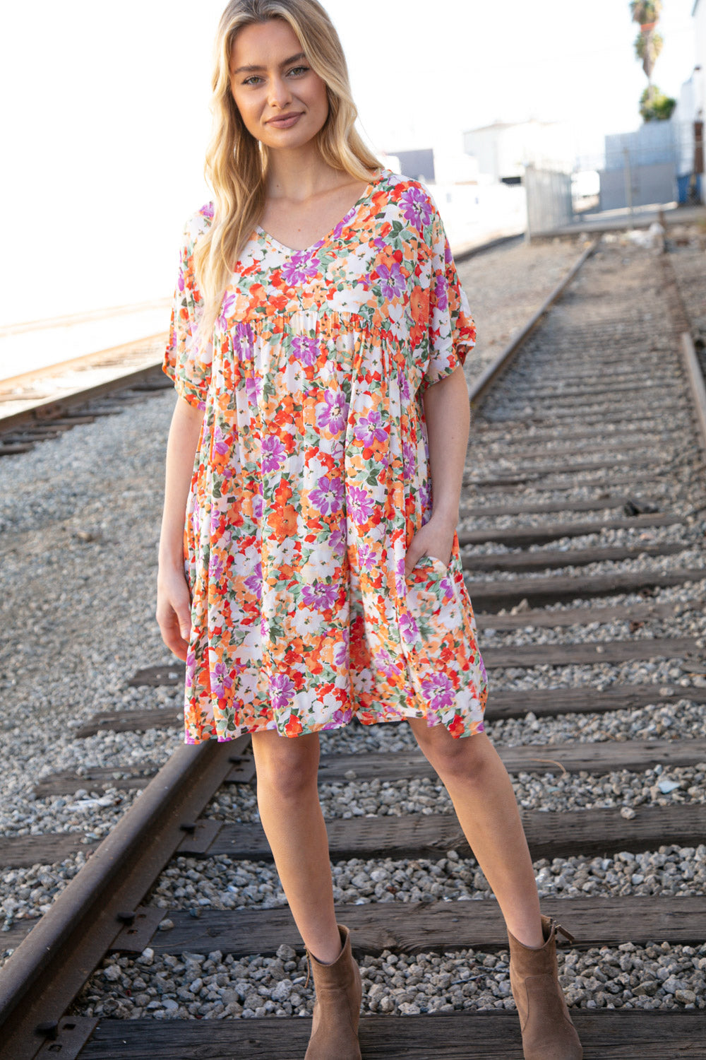 Floral Dolman Yoke Woven Shift Dress with Pockets