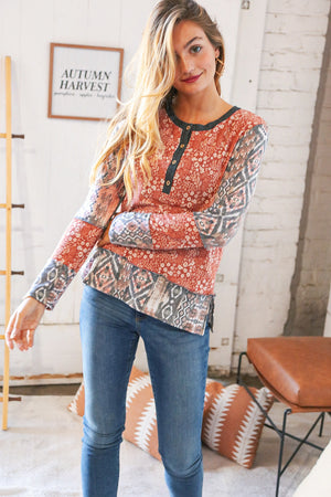 Rust Floral Terry Button Down Outseam Top