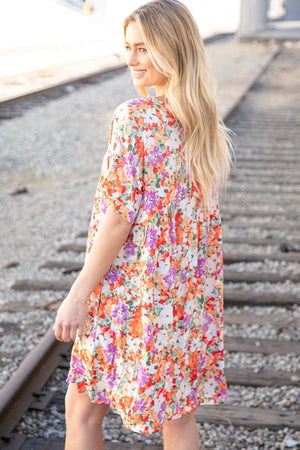 Floral Dolman Yoke Woven Shift Dress with Pockets