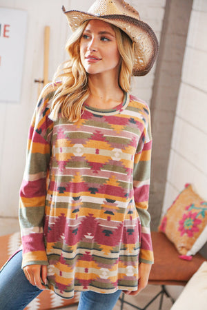 Multicolor Hacci Aztec Print Side Slit Pullover