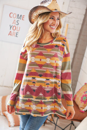 Multicolor Hacci Aztec Print Side Slit Pullover