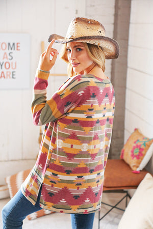 Multicolor Hacci Aztec Print Side Slit Pullover