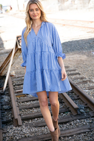 Blue Checkered Cotton Poplin Ruffle Sleeve Woven Dress