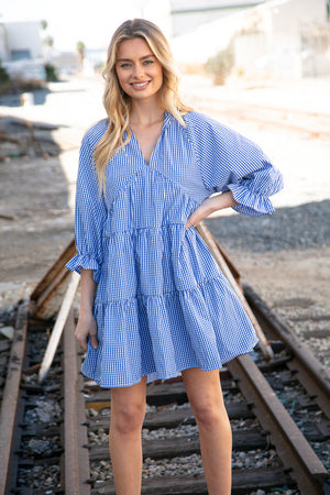 Blue Checkered Cotton Poplin Ruffle Sleeve Woven Dress