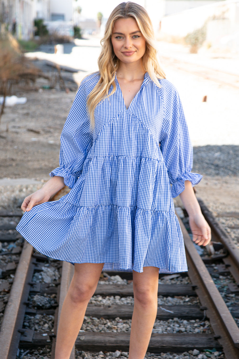 Blue Checkered Cotton Poplin Ruffle Sleeve Woven Dress