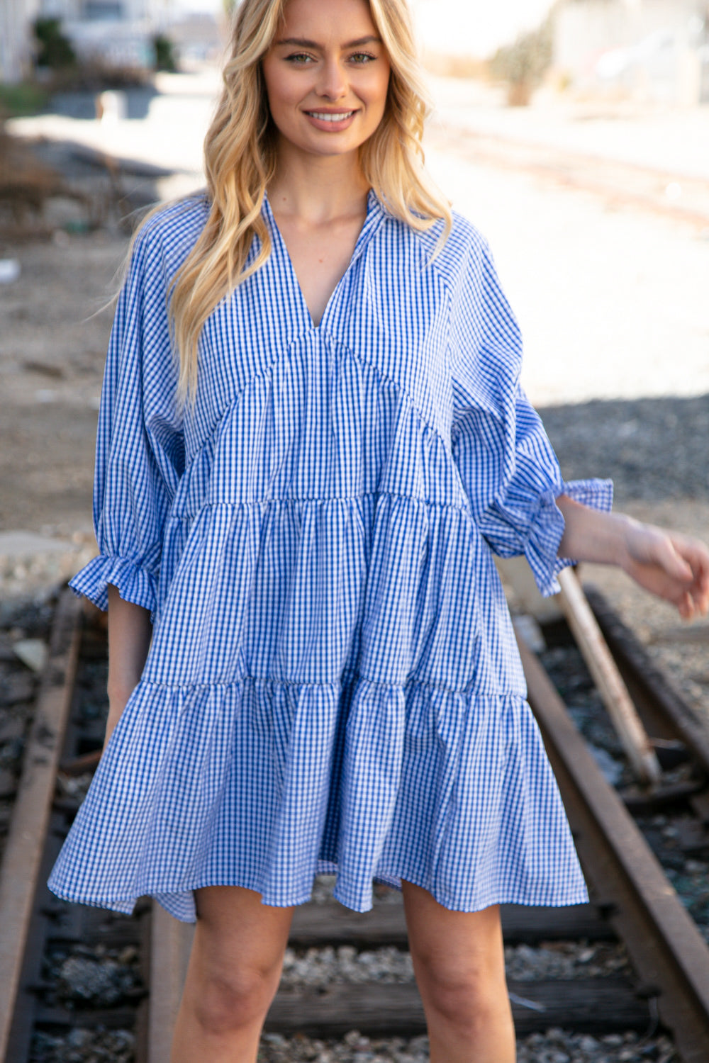 Blue Checkered Cotton Poplin Ruffle Sleeve Woven Dress