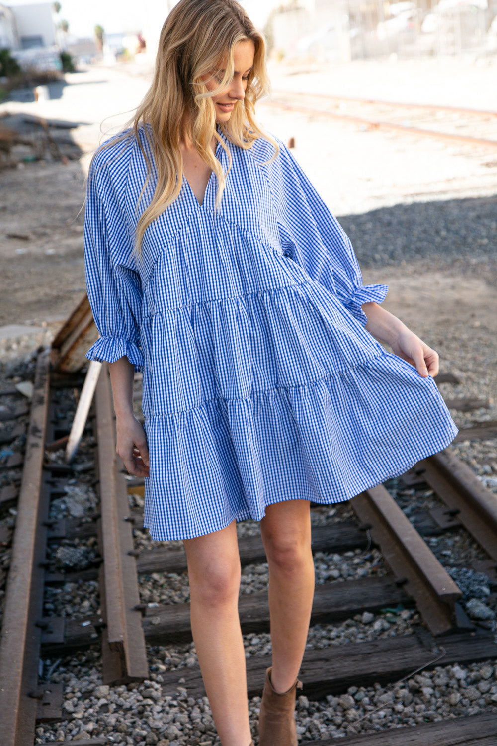 Blue Checkered Cotton Poplin Ruffle Sleeve Woven Dress