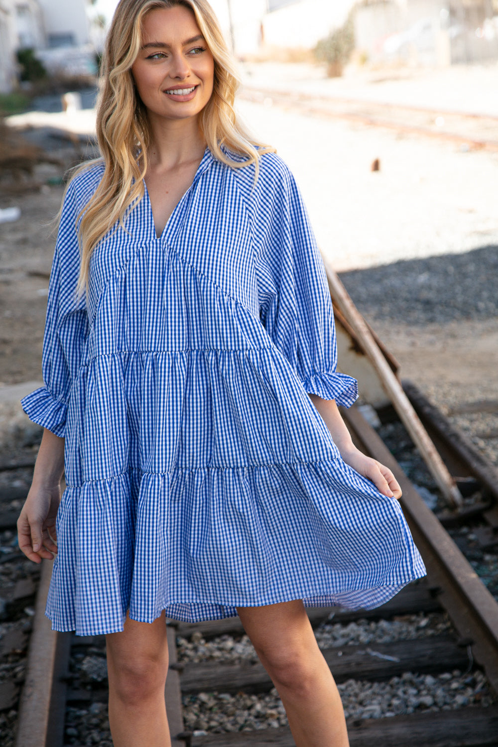 Blue Checkered Cotton Poplin Ruffle Sleeve Woven Dress