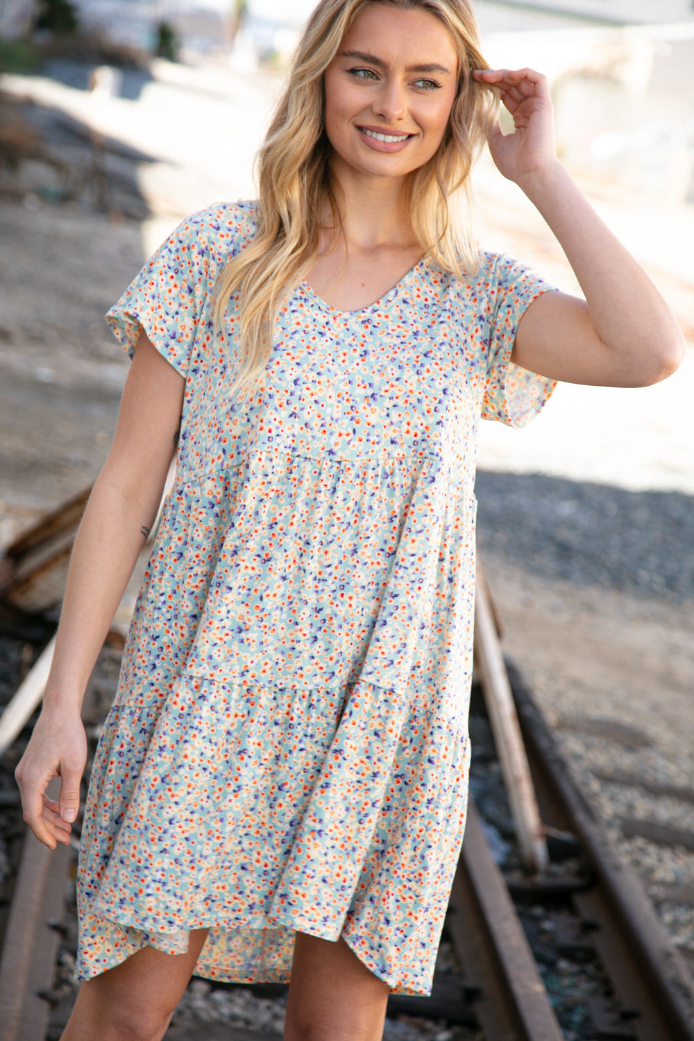 Sky Blue Ditzy Floral Flutter Sleeve V Neck Midi Dress