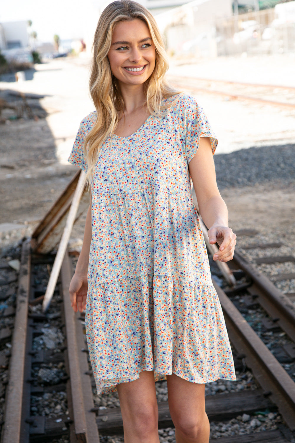 Sky Blue Ditzy Floral Flutter Sleeve V Neck Midi Dress