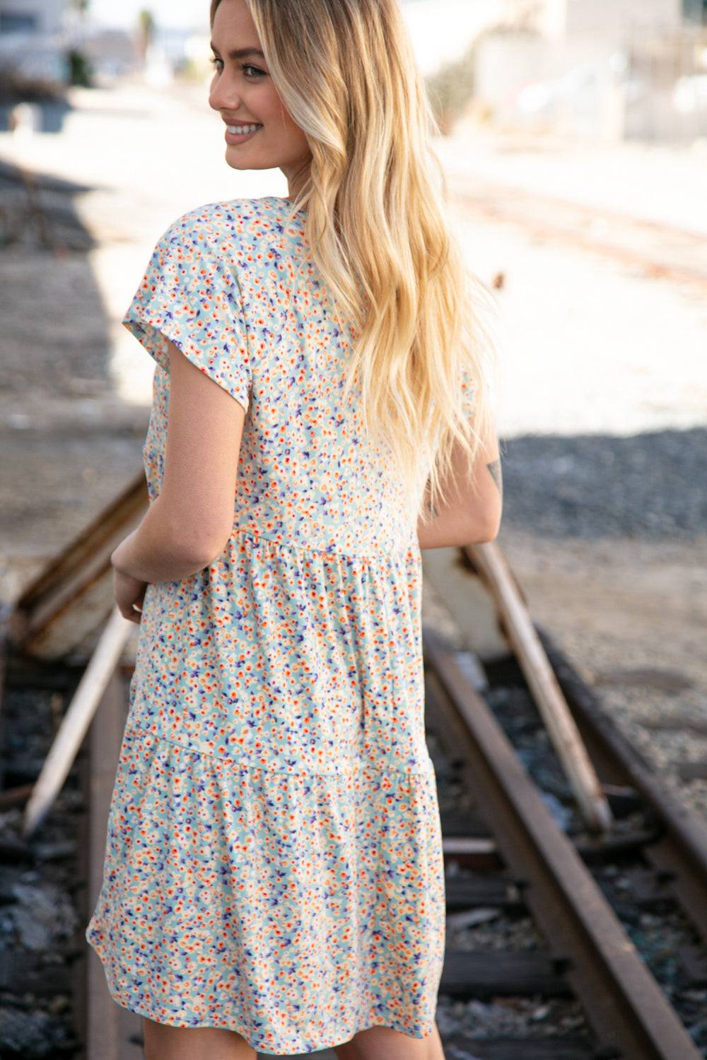 Sky Blue Ditzy Floral Flutter Sleeve V Neck Midi Dress