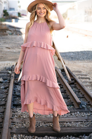 Dusty Rose Halter Neck Hi-Lo Ruffle Tiered Maxi Dress