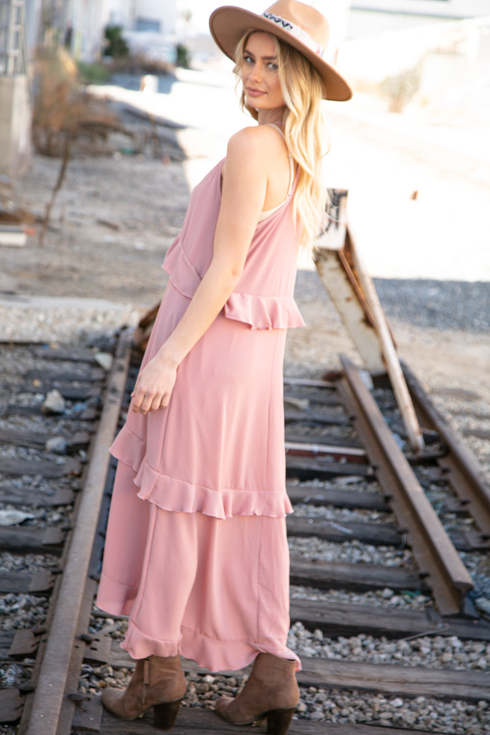 Dusty Rose Halter Neck Hi-Lo Ruffle Tiered Maxi Dress